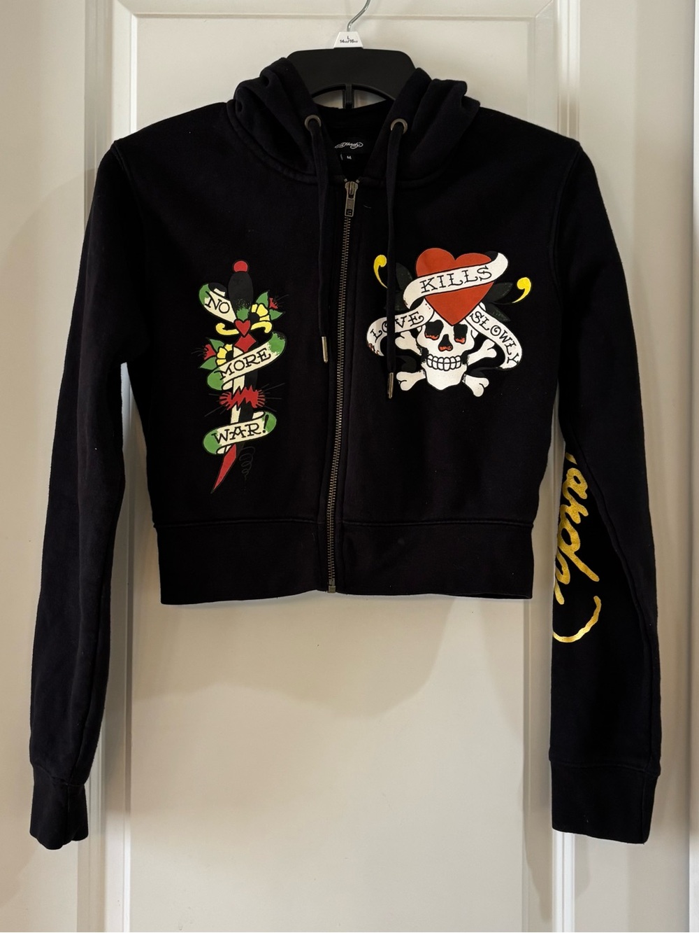 Ed Hardy Love Kills Black Graphic Zip-Up Hoodie Jacket Womens M